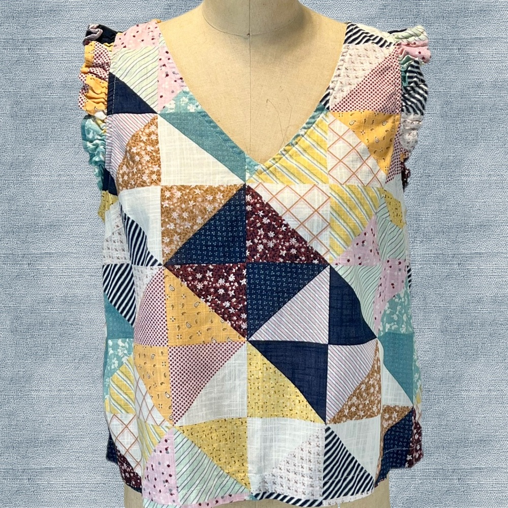 Patchwork ruffle sleeveless top blouse mix multicolor floral quilt print cotton